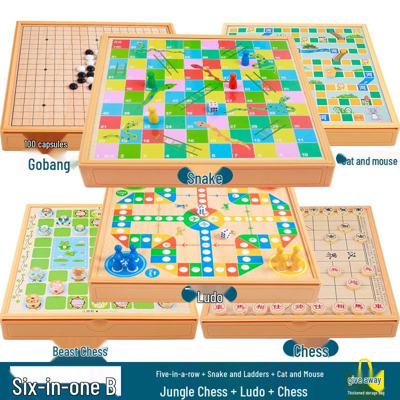 Multi-game Board Set: Ludo, Five-in-a-Row, Chinese Chess, Checkers, Animal Adventure, Kids' Chess