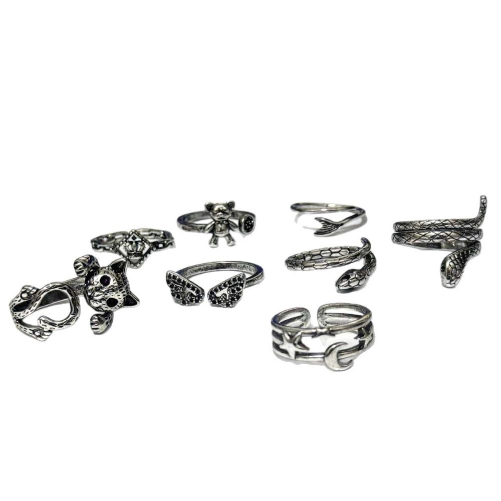 Gothic Exquisite Carving Ancient Silver Stainless Steel Snake Crown Cat Adjustable Opening Rings for Women Men Halloween Jewelry