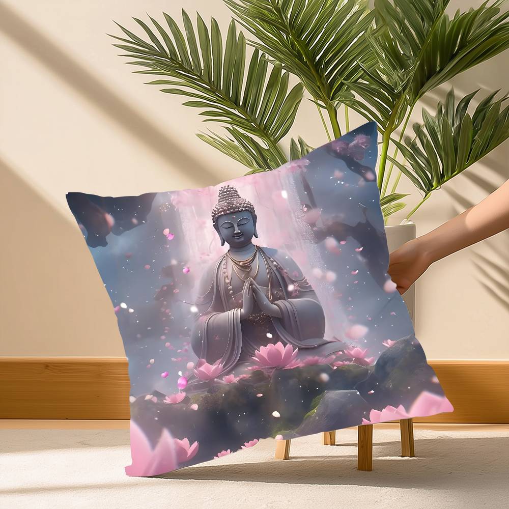

Buddha Statue And Lotus Pillow Case Soft Plush Fabric Double Sided Print Decorative Home Living Room Gift Cushion Cover 30cm x 30cm