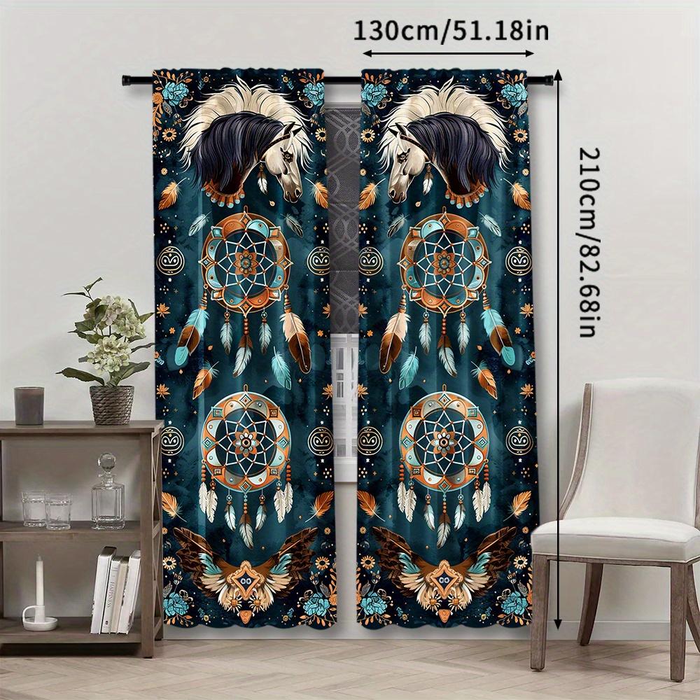 2-Piece Southwest Tribal Horse Dreamcatcher Pattern Curtains - Modern Polyester Pongee Semi-Sheer Window Drapes for Living Room
