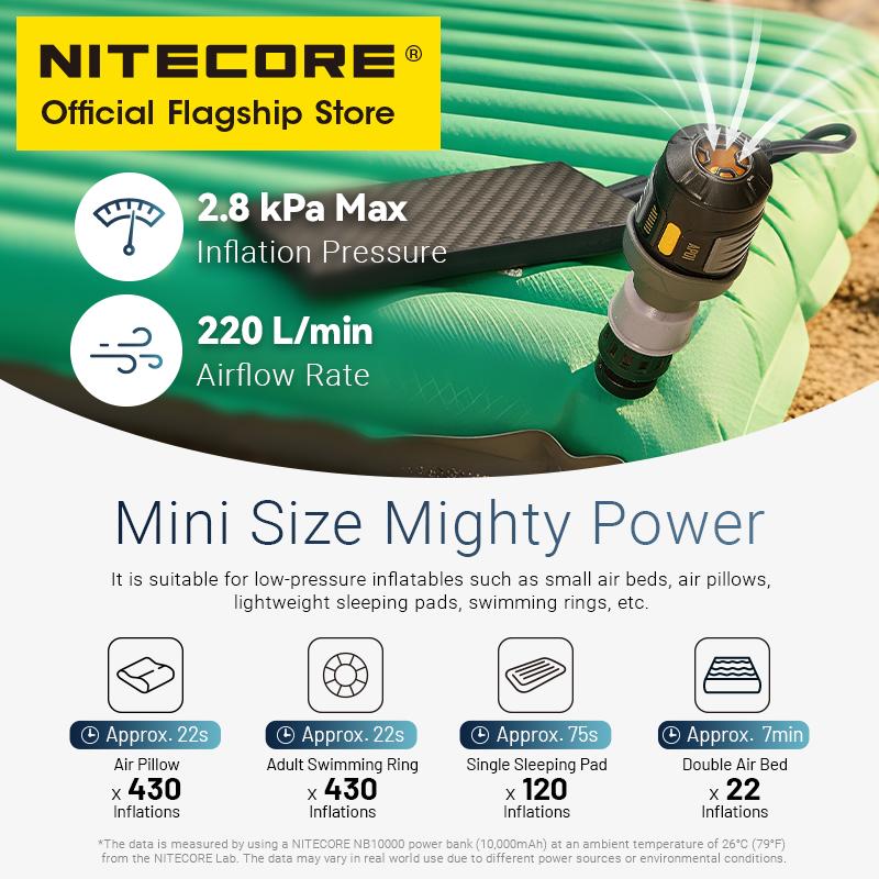 NITECORE AP01 Portable Air Pump 22g 2.8 kPa USB-C Inflation Deflation for Air Bed Pillows Swimming Ring Camping Flame Booster