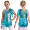 Girls Sparkly Sequins Bodysuit Metallic Fish Scale Design Bowknot Back Tassels Detail Halloween Party Stage Leotard