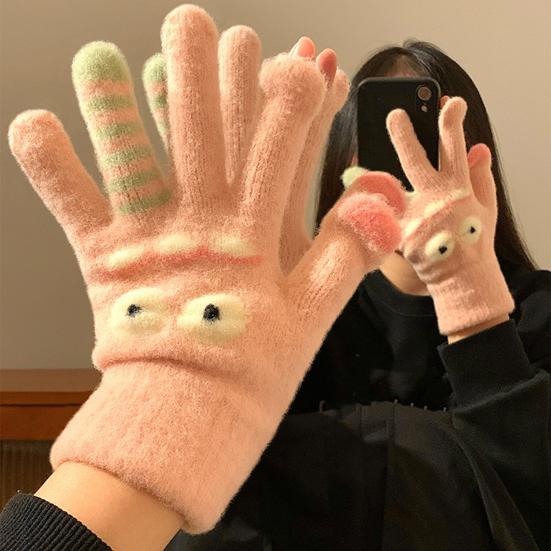 1 Pair Knitted Gloves Flexible Five-finger Thickened Winter Gloves Touch Screen Cute Big Mouth Warm Gloves Student Gloves for Cold Weather