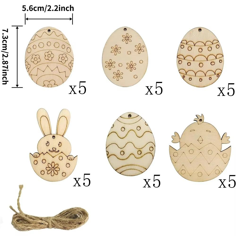 12-30Pcs 6 Different Shapes of Laser Carved Wooden Easter Eggs, used for Easter and DIY Painting Materials. Wooden Slices