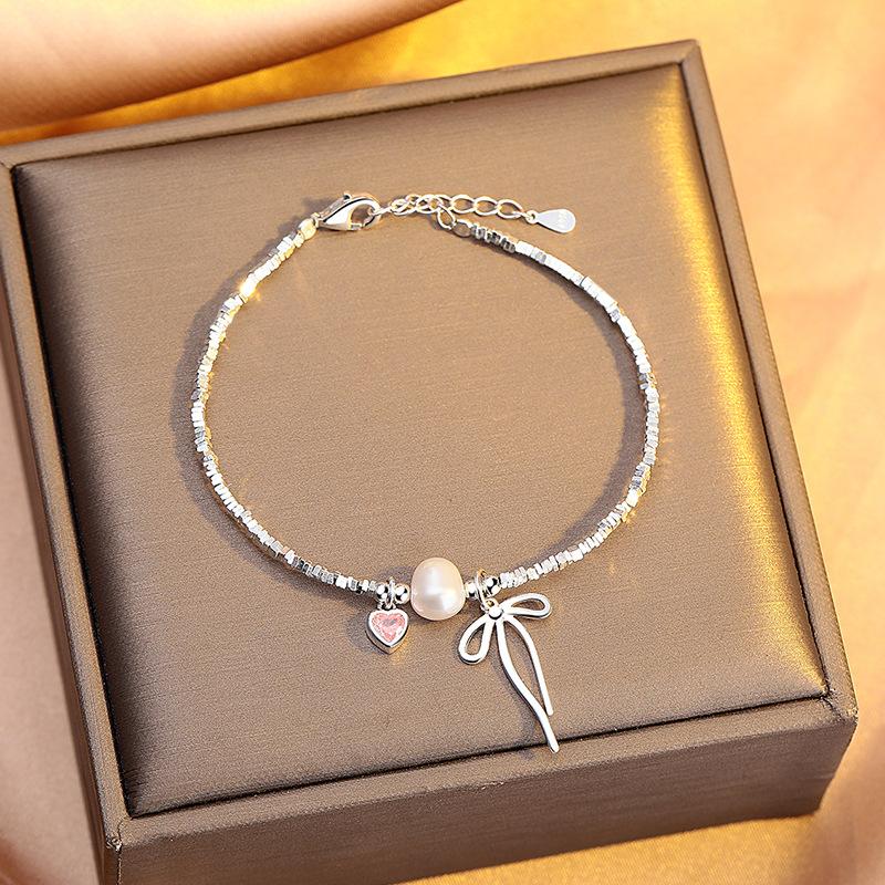 Pink Love Bow Imitation Broken Silver Bracelet Women'S Niche Exquisite High-End Sweet Bracelet