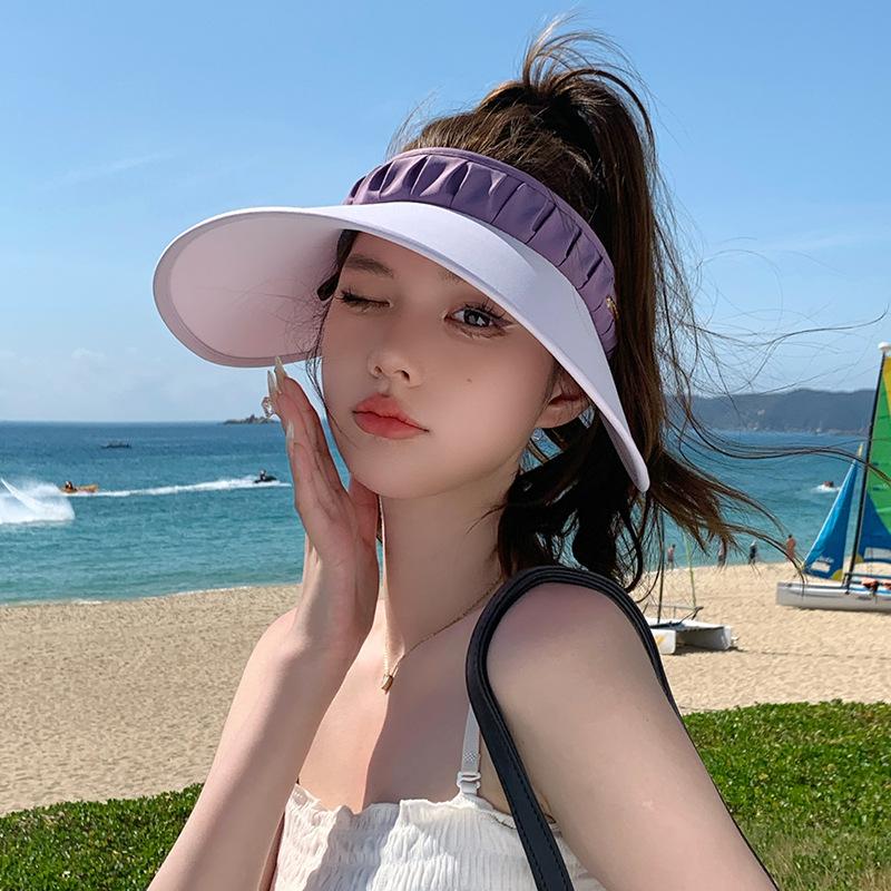8523 hat women's fashion pleated empty top hat summer outdoor play visor hat big brim sun hat