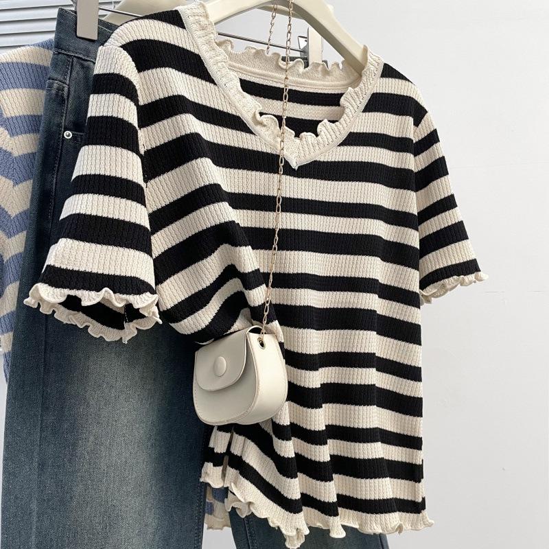 

Plus Size Stripe Collar Ruffle-Edge Knit T-Shirt for Women - Summer Design, Short Sleeve, Ice Silk L чёрный