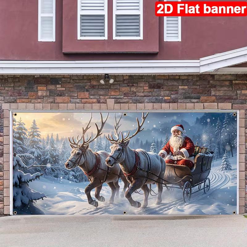 2D Winter Holiday Garage Cover, Santa's Sleigh Ride In Snow Photo Booth Background
