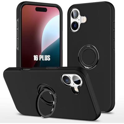 Silicone Case - for iPhone - 16 Plus - Shockproof Protection - Rotating Stand Ring - Black