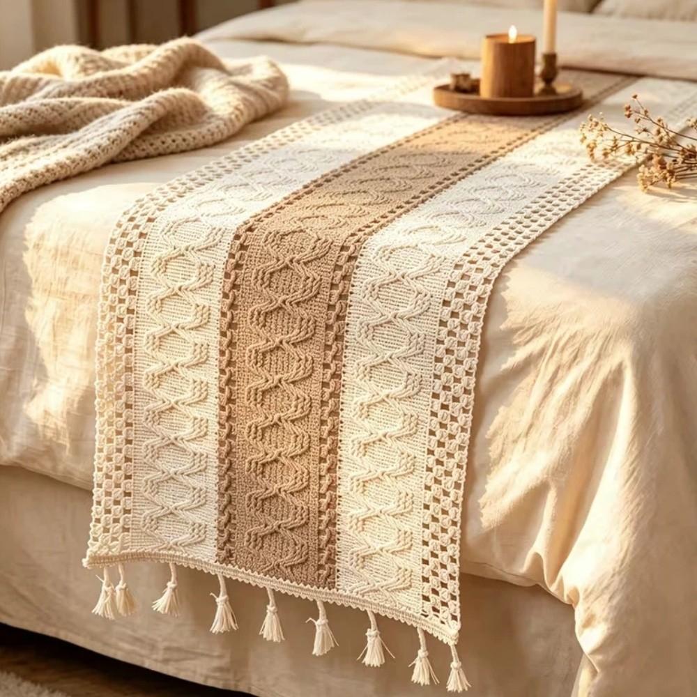 Splicing Knitted Hollow-out Table Runner Rustic Style Farmhouse Tablecloth Macrame Table Mat  Hotel