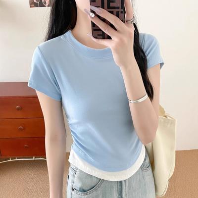 Contrasting Round Neck Straight Shoulder Fake Two-piece Short-sleeved T-shirt for Women In Spring and Summer Pleated Waist-hugging Short Top