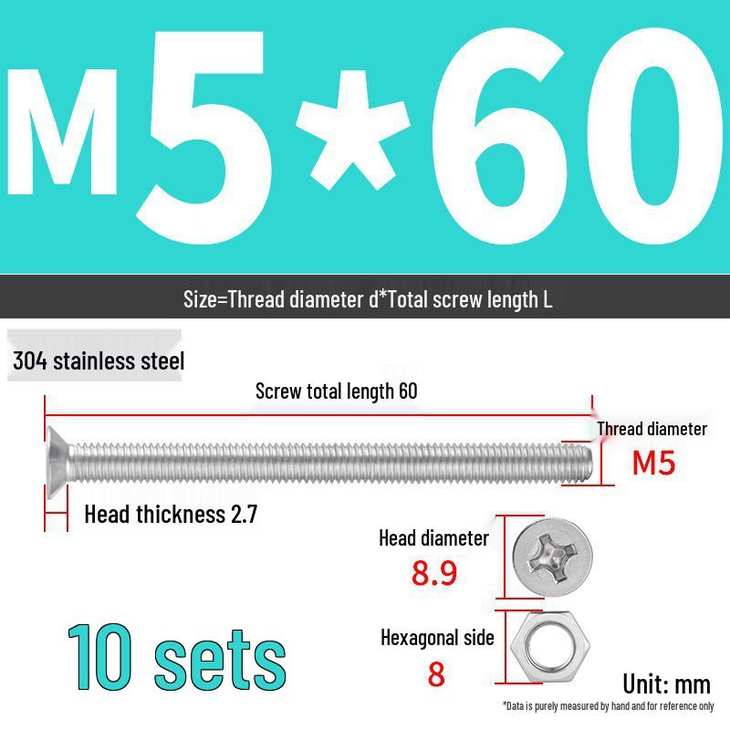 304 Stainless Steel Extra Long Phillips Flat Head Screws and Nuts Set (2M, 3M, 4M)