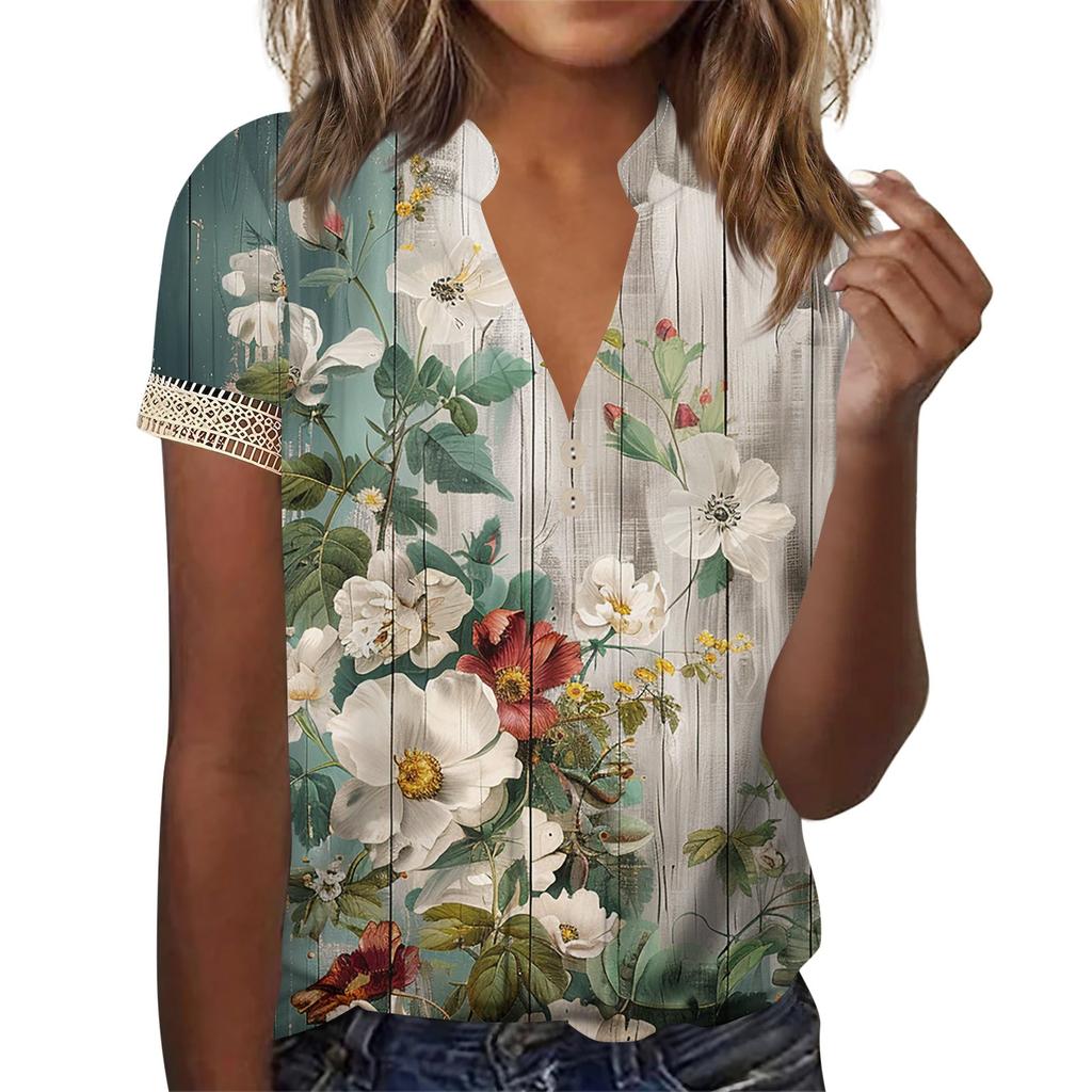 Women's Top Loose Casual V-Neck Lace Sleeve T-Shirt Short Sleeve Floral Print Top