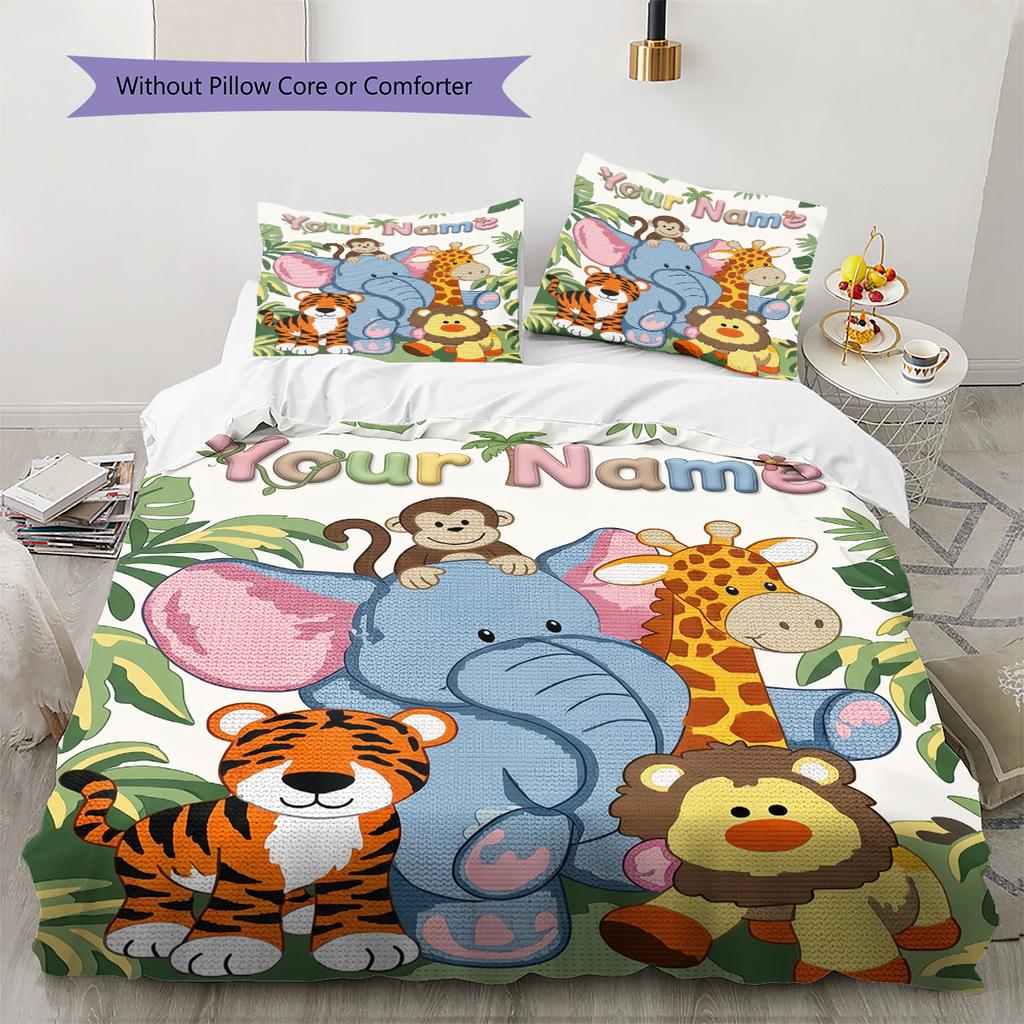 Custom Name,Cute Safari Animal Series Pattern Bedding Home Decoration Birthday Gift ( 1 Duvet Cover + 2 Pillowcase, Without Core),fan Merchandise.
