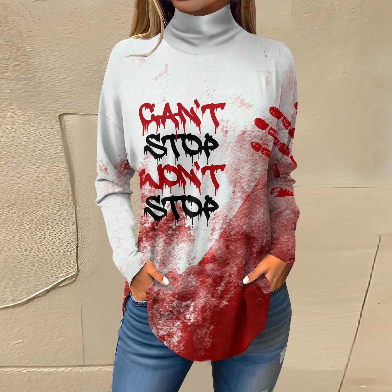 Женская свободная футболка с высоким воротом и длинными рукавами — фото 5