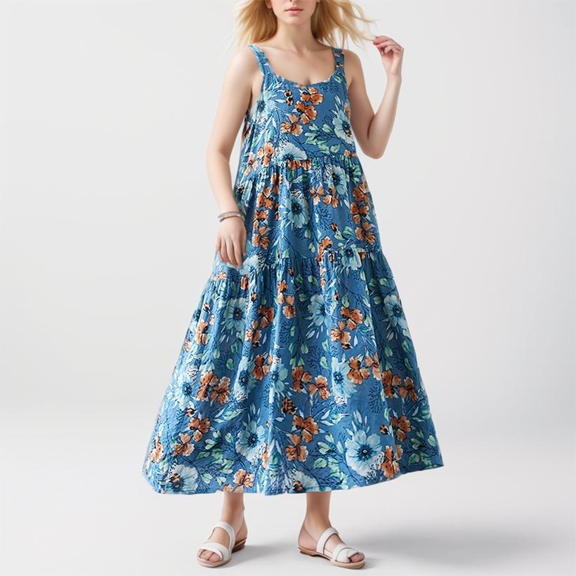 

Dimanaf 2024 Платье больших размеров, летнее женское свободное платье без рукавов с цветочным принтом, пляжное модное винтажное базовое новое платье трапециевидной формы One Size синий