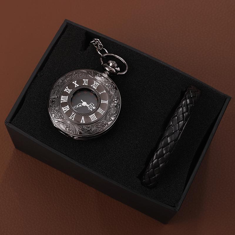 

2 шт./набор, 1 шт. модные мужские кварцевые карманные часы, изысканные скелетонизированные карманные часы и 1 шт. серебристый браслет Light Wing/черный, идеальный выбор для подарка. чёрный