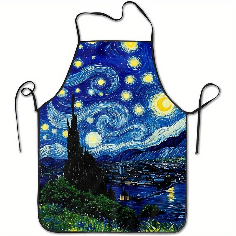 1pc Apron Inspired by Van Gogh'S Starry Night - Features a Spiral Blue And Yellow Design, Made from Durable Polyester, Suitable