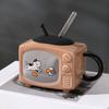 Retro Cat TV Ceramic Mug with Lid & Straw 450ml Cute Coffee Cup Leak-Proof Heat Resistant TV Shape Milk Beer Mugs Novelty Gift Home Decor