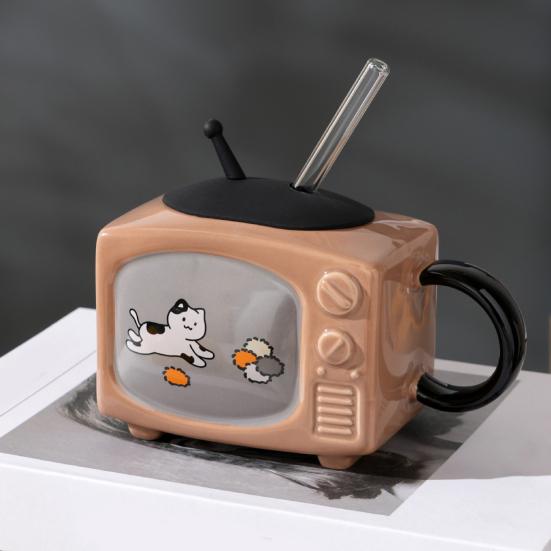 Retro Cat TV Ceramic Mug with Lid & Straw 450ml Cute Coffee Cup Leak-Proof Heat Resistant TV Shape Milk Beer Mugs Novelty Gift Home Decor