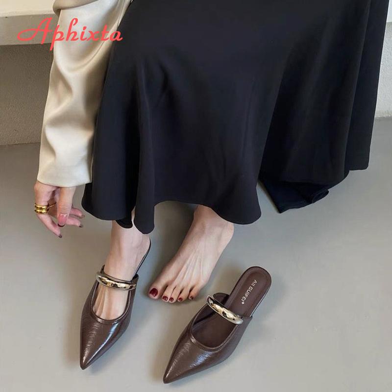 Fashion Aphixta Concise Metal Dec Fashion Summer Shoes Woman Low Heel Women Silver Pointed Toe Slides Sandals Heels Zapatos De Mujer