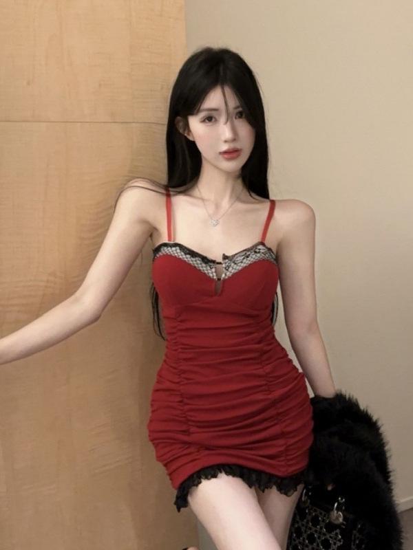 Chic Cotton Lace Patchwork Bodycon Camisole Dress for Women - Nightclub Style Hip-hugging Skirt