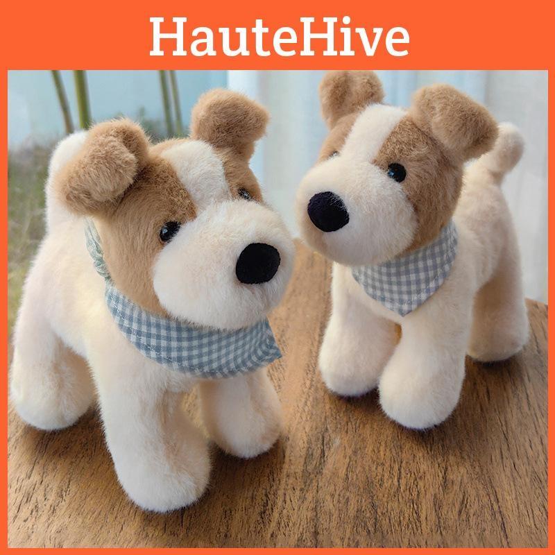 Checkered Blue Cute Scarf Plush Dog Doll Children Toy For Decoration Room