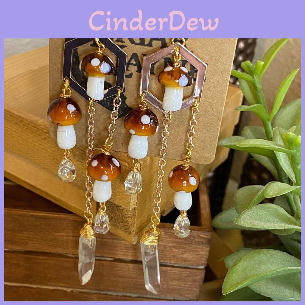 Bohemia Handmade Alloy Mushroom Drop Earrings With Transparent Crystal For Summer Style