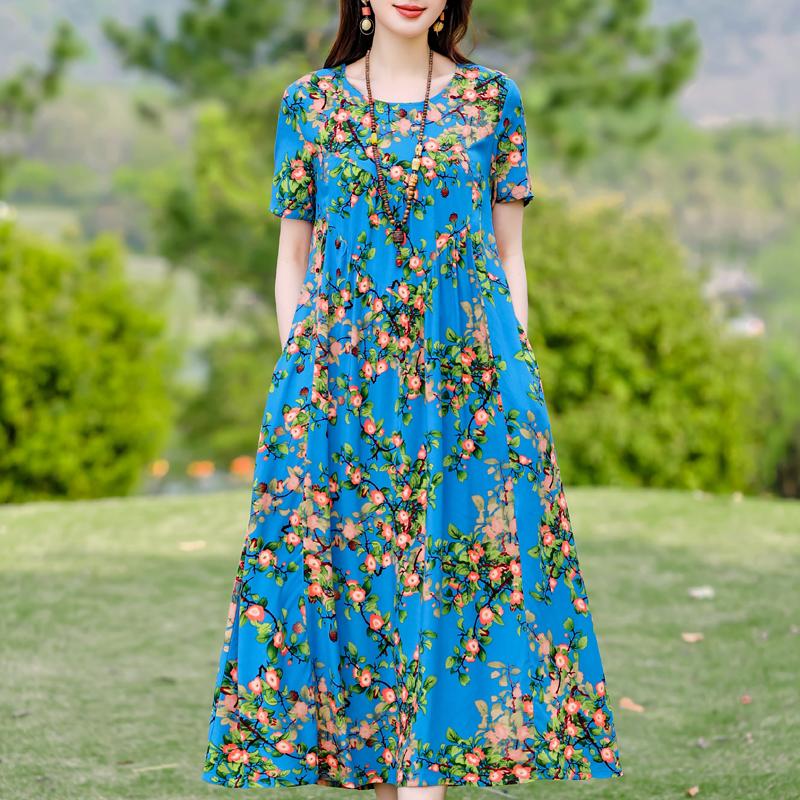 Plus Size Elegant Women's Summer Dress Vintage Clothes Short Sleeve Loose Long Dresses