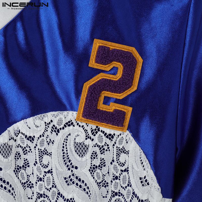 INCERUN Men Women Round Neck Short Sleeve Lace Patchwork Glitter Party T-shirts Tops