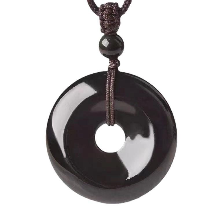 Natural Obsidian Peace Pendant with Rainbow Eyes, Obsidian Keychain, Black Crystal Necklace for Men and Women