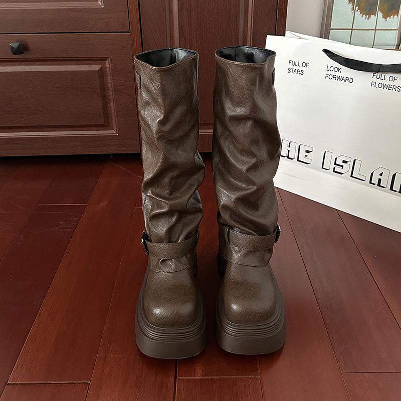 

Европейская станция Взрывная круглая голова Маффин Толстая подошва Британский стиль Универсальные ботинки Женские 2025 Осень и зима Меховые ботинки Ботинки с широким голенищем 39 коричневый