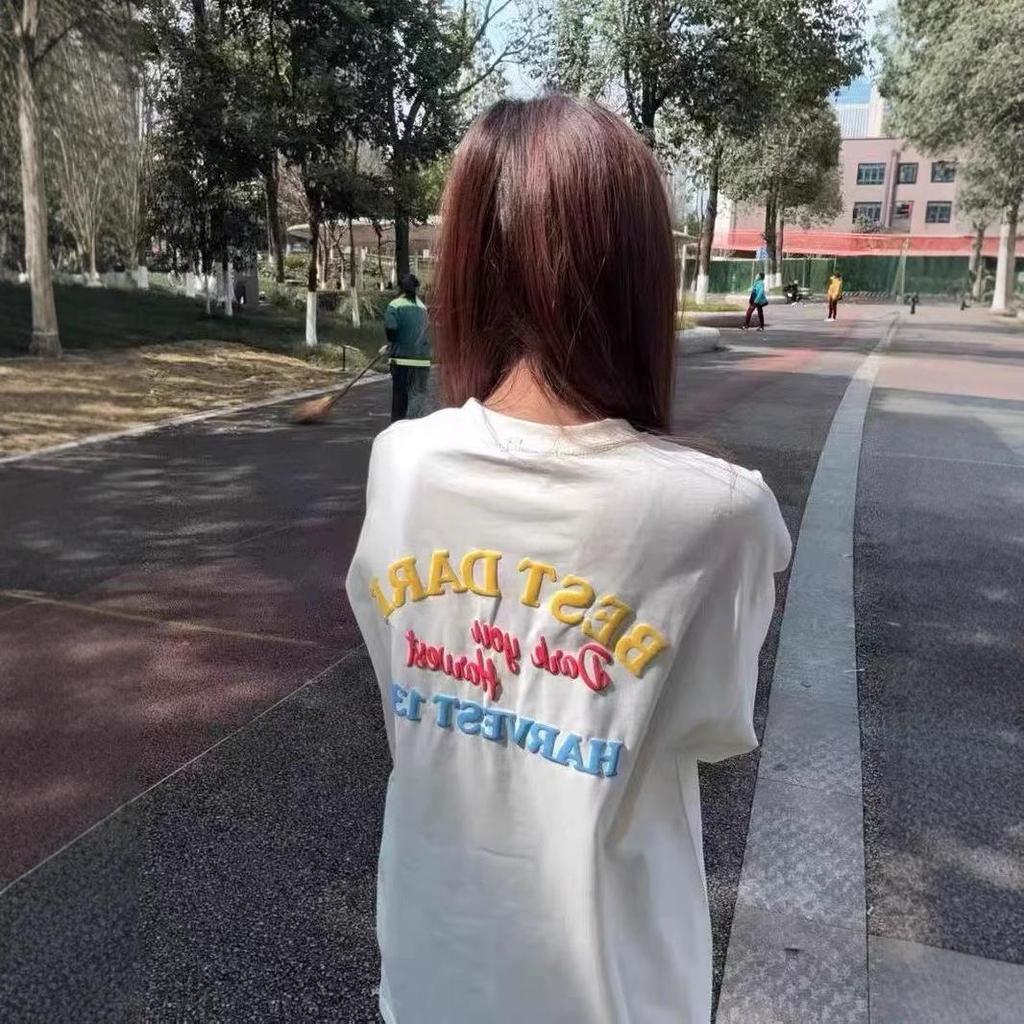 Women's Embroidered Crew Neck Cotton T-shirt - Summer 2025 Casual Loose Fit