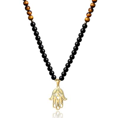 Tiger Eye Obsidian Hamsa Hand Prayer Bead Unisex 108-Bead Necklace,