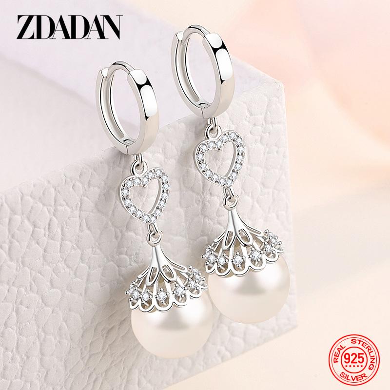 925 Sterling Silver Pearl Heart Dangle Earrings for Women Fashion Wedding Jewelry Gift
