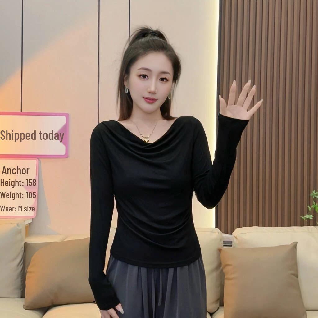 2025 Black One-Shoulder Long-Sleeve Women's T-shirt with Flowing Collar for Spring and Autumn