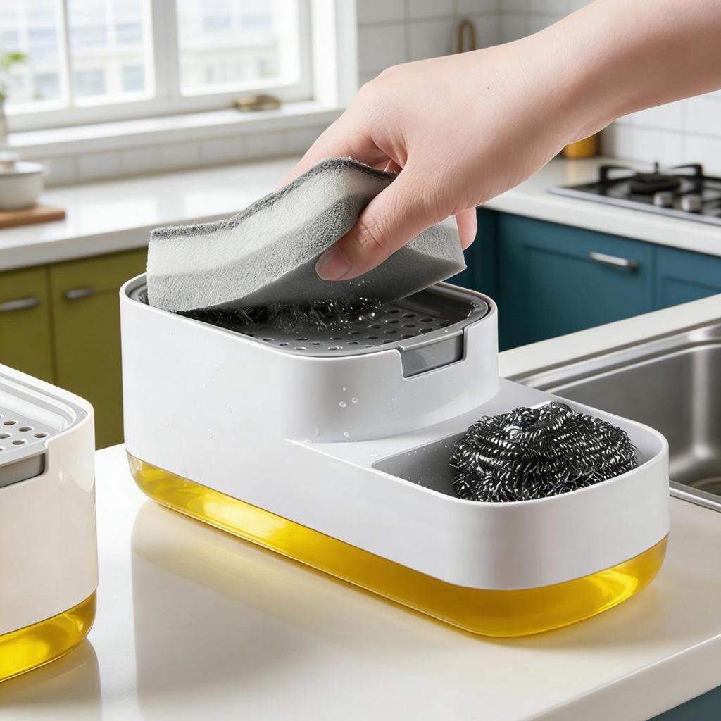 Enhanced Manual Soap Dispensing Dish Brush with Storage Box