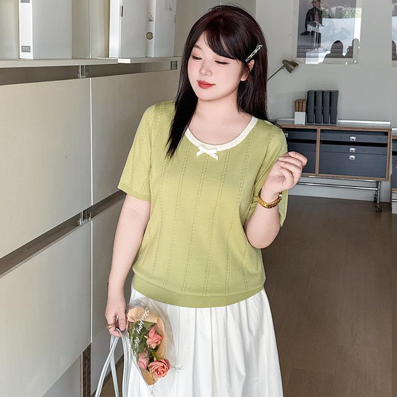 Plus Size Women's Summer Round Neck Design Feel Color Knit Loose Short Sleeve Top
