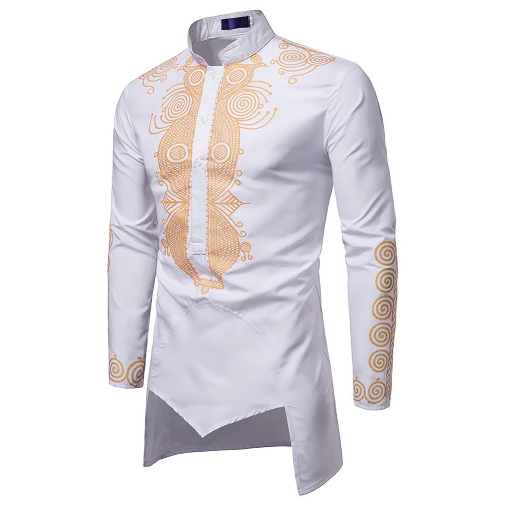 Men's Loose Casual  Shirt Ethnic Style Printing Robe Long Sleeved Shirt Top