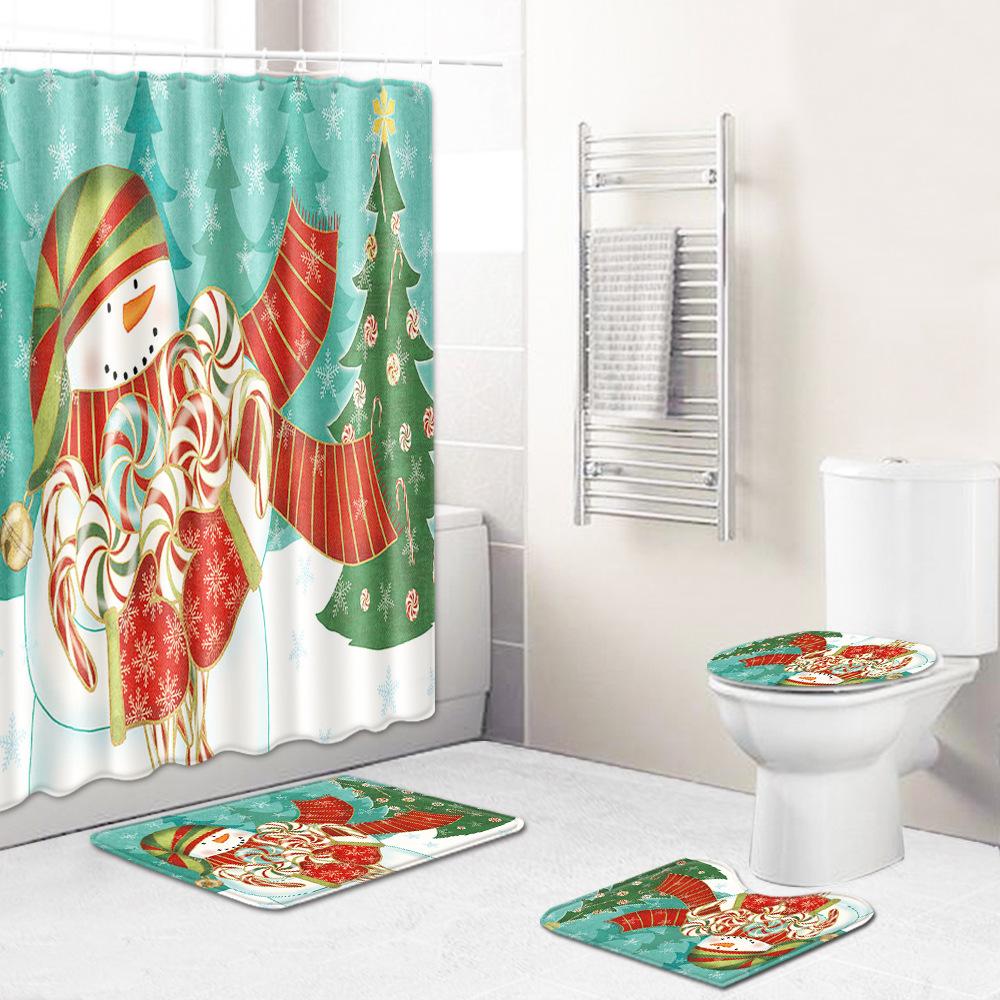 Christmas Shower Curtain Floor Mat Combination Four-Piece Set Bathroom Toilet Carpet Shower Room Mat Foot Mat