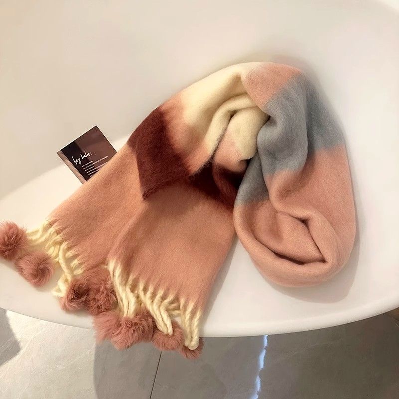 Vinter Dopamin Regnbågsrandig Tjock Varm Borstad Frans Pälsboll Scarf