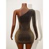 Women's Spring Autumn New Sexy Sequin One Shoulder Mini Dress Long Sleeve Ruched Bodycon Slim Fit Elegant Evening Party Night Club Cocktail Dress