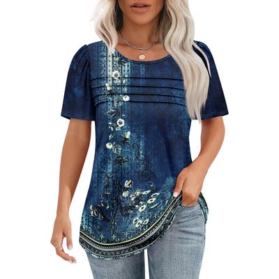 Letni okrągły dekolt 3D drukowany nadrukowany top z plisowanym wzorem Modne i swobodne damskie koszulki z krótkim rękawem