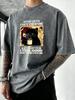 After Coffee Cat Feel Good Print Men Washed TShirt Retro Crewneck T Shirts Hip Hop Loose Clothes Summer Cotton Streetwear