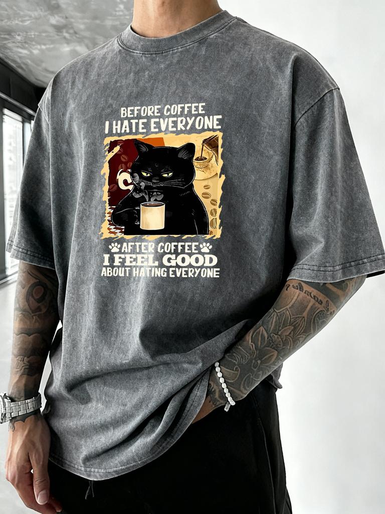 After Coffee Cat Feel Good Print Men Washed TShirt Retro Crewneck T Shirts Hip Hop Loose Clothes Summer Cotton Streetwear