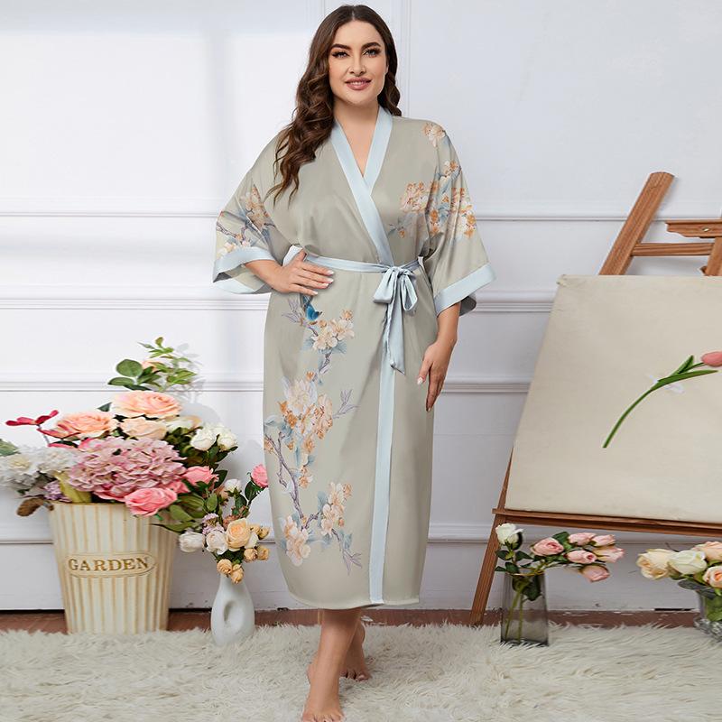 Übergröße Satin Sommer Pyjama & Bademantel Set für Damen - Leichter Luxus Eisseide