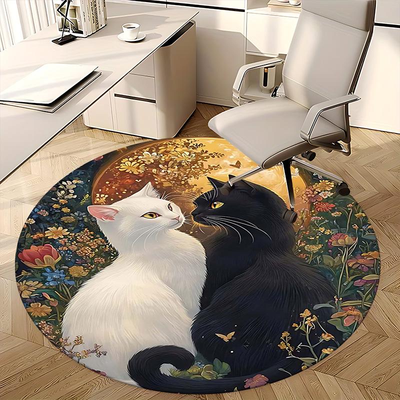 1pc Anime Design Round Carpet Office Chair Mat with Cats and Flowers, Non Slip Rug for Home Decor