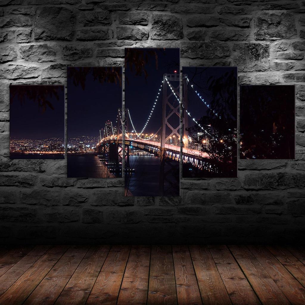 San Francisco Oakland Bay Bridge Night View 5 Piece Five Panel Wall Canvas Print Modern Art Poster Picture Home Decor Gift For Him For Her