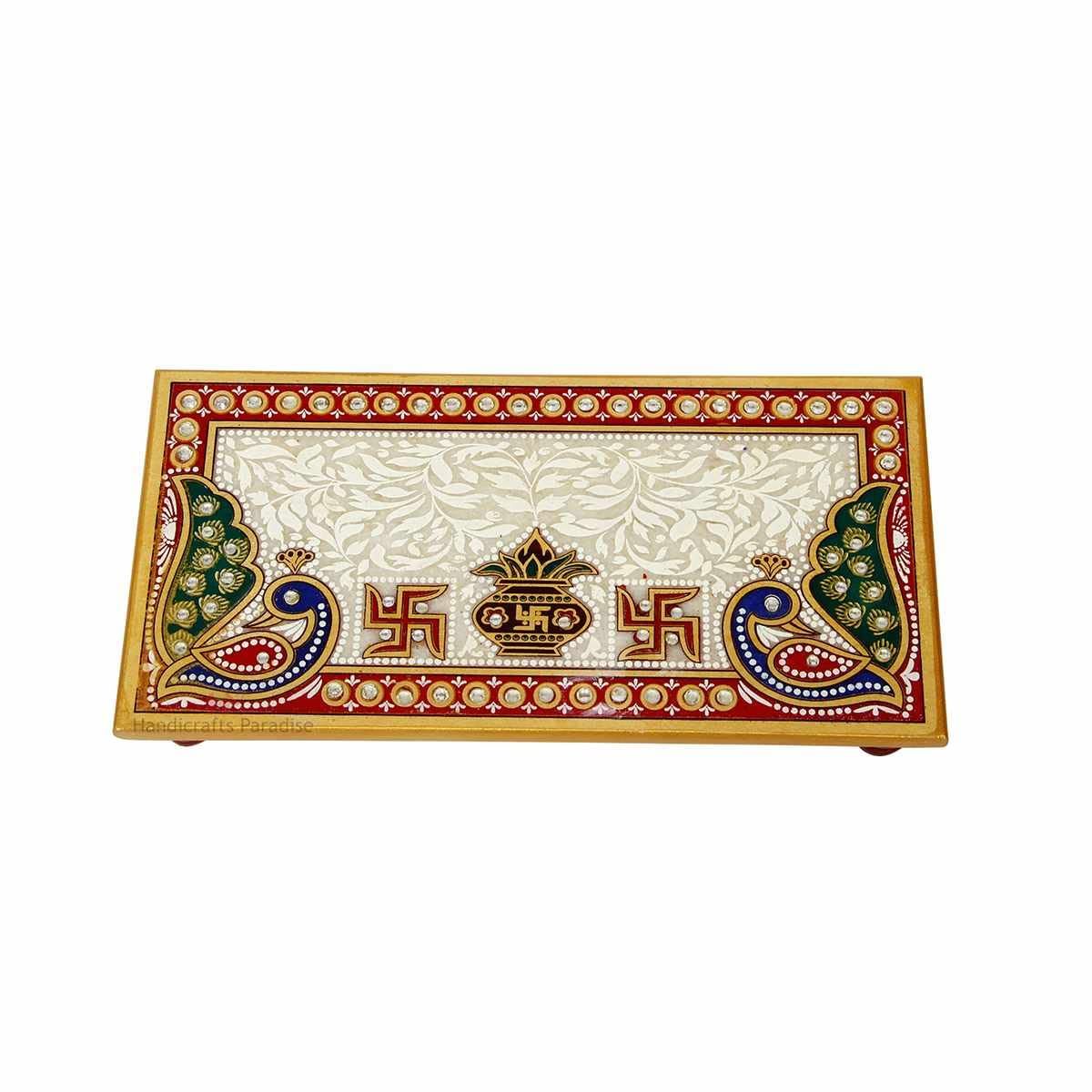 Handicrafts Paradise Marble Pooja Chowki Peacock Motif for Mandir Bajot for God,