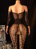 Women'S See Through Sexy Lingerie Off Shoulder Hollow Out Bodysuit Sexy Open Crotch Stripe Jumpsuit Night Club Party Lingerie